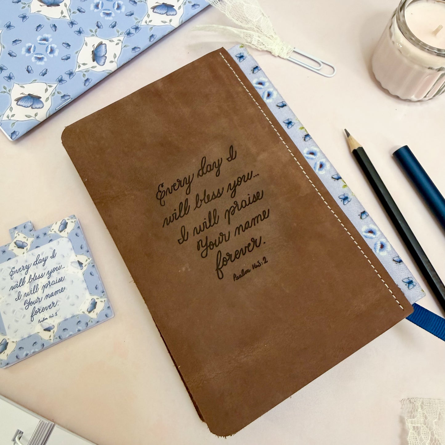 Everyday I Will Praise - Butterfly Psalm 145:2 Rebound Leather Daily Reading Bible - Ready To Purchase