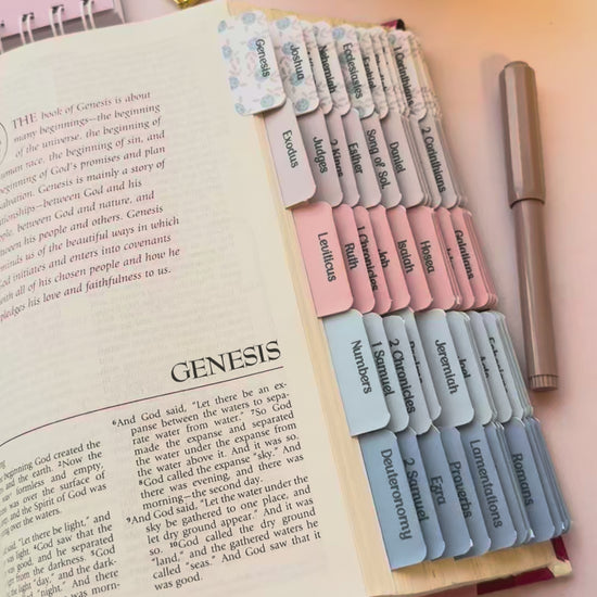 Open bible with DotK Design Bible Tabs in shades of pink and blue with a floral design inspired by Psalm 18