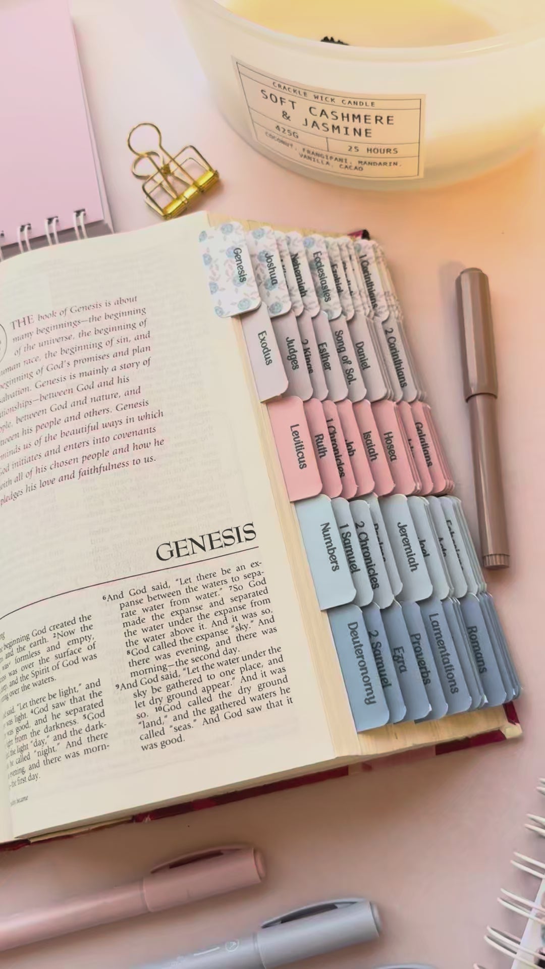 Open bible with DotK Design Bible Tabs in shades of pink and blue with a floral design inspired by Psalm 18