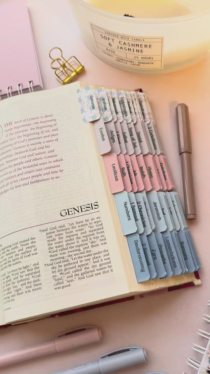 Open bible with DotK Design Bible Tabs in shades of pink and blue with a floral design inspired by Psalm 18