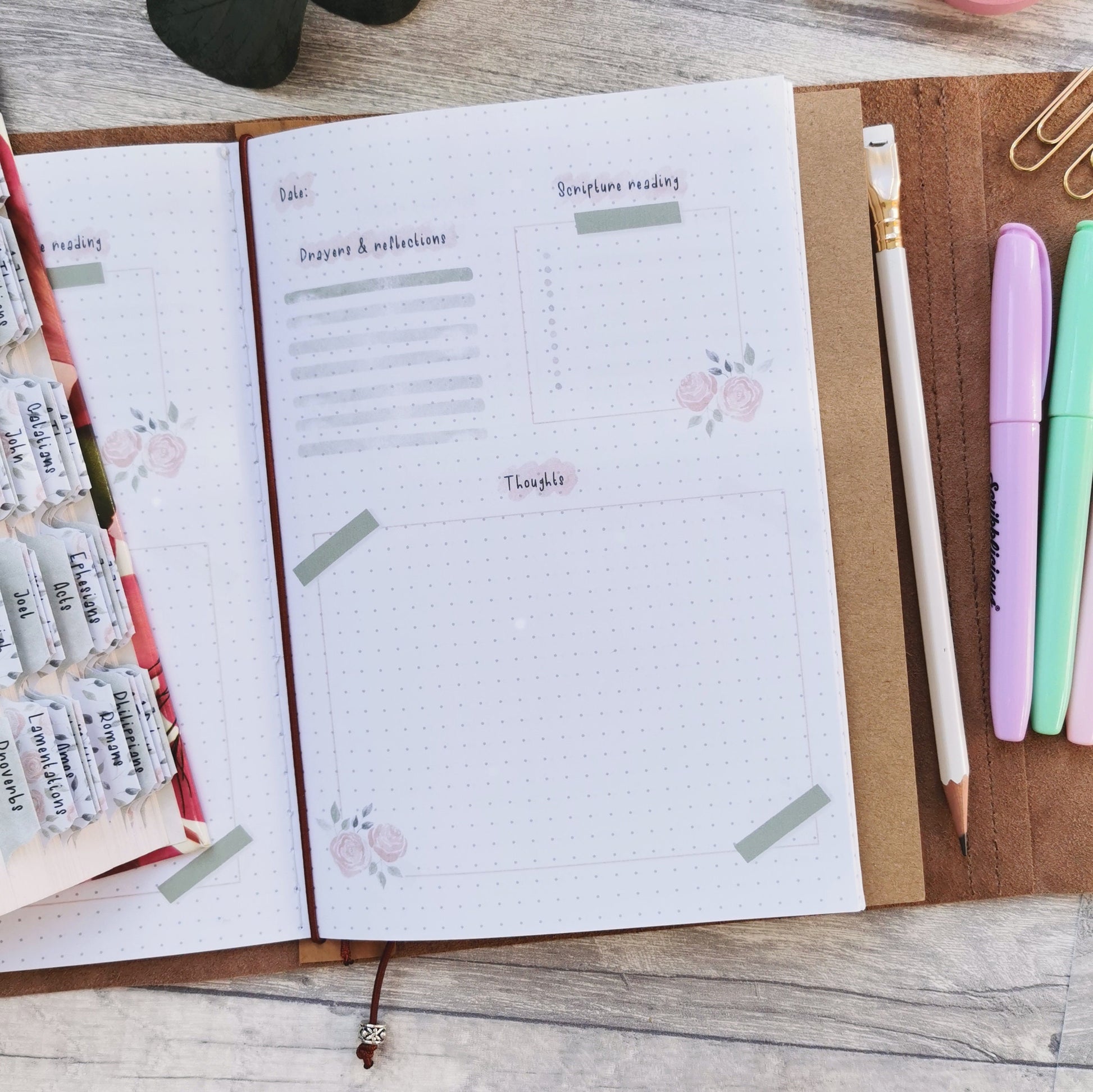 Open Christian prayer journal notebook featuring Dot Grid pages and sections for prayer, scripture and reflections, accented with pretty pink watercolour roses.