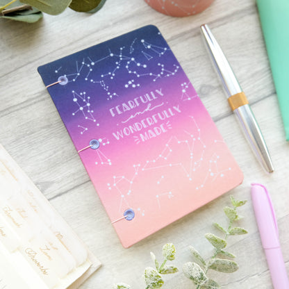 Fearfully and Wonderfully Made - Hard Backed Fabric Covered Ombre Notebook Journal - Coptic Stitch Binding