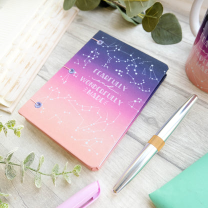 Fearfully and Wonderfully Made - Hard Backed Fabric Covered Ombre Notebook Journal - Coptic Stitch Binding