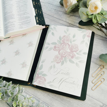 Christian prayer journal notebook with blush pink floral design and "Faith can move mountains" in a hand lettered design