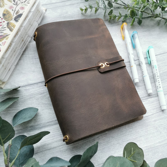Real Leather Travelers Journal Cover - A5 Journal Cover Prayer - Prayer Journal - Deep Brown Pull up Leather