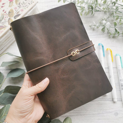 Real Leather Travelers Journal Cover - A5 Journal Cover Prayer - Prayer Journal - Deep Brown Textured Leather