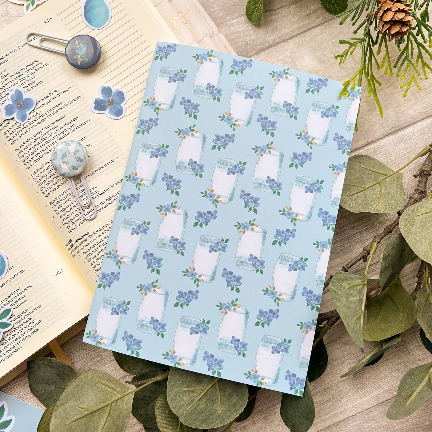Christian Prayer Journal Notebook featuring watercolour jar design and blue florals