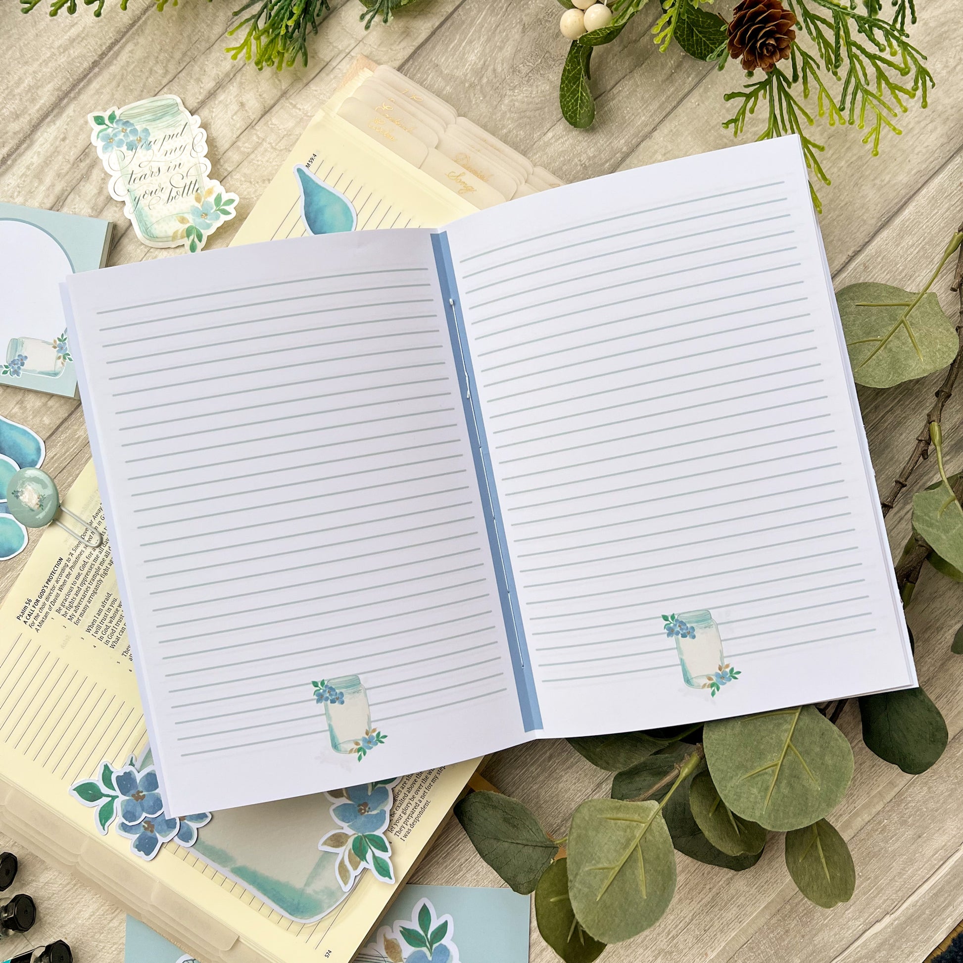 Open lined Christian Prayer Journal Notebook with jar and floral design inspired by psalm 56