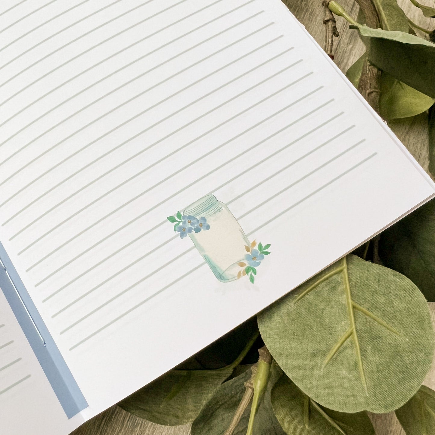 Close up of floral jar details on lined Christian Prayer Journal Notebook 