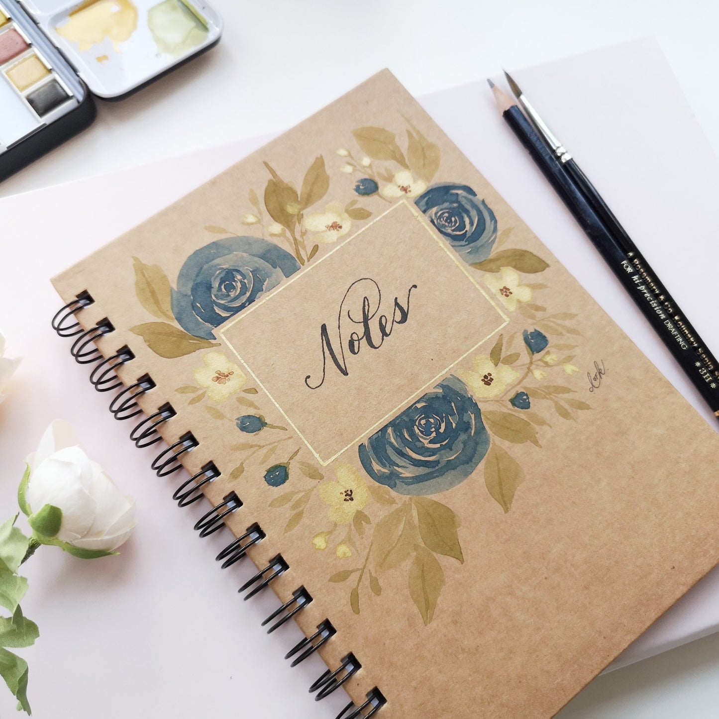 Loose Roses and florals - Hand painted watercolour lined A5 lined notebook