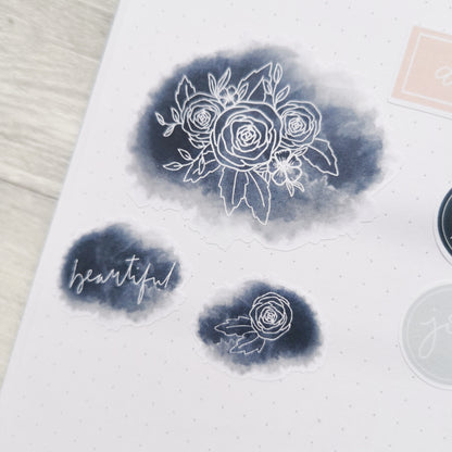 Believe - Watercolour Navy Blue Floral Sticker Sheet