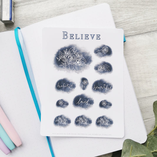 Believe - Watercolour Navy Blue Floral Sticker Sheet