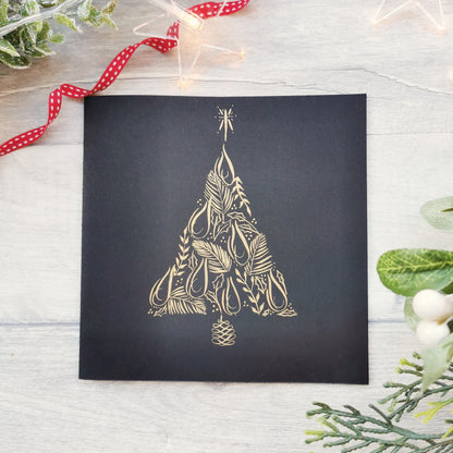 Gold Christmas Tree Card - Hand Drawn Calligraphy Flourishes