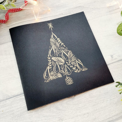 Gold Christmas Tree Card - Hand Drawn Calligraphy Flourishes