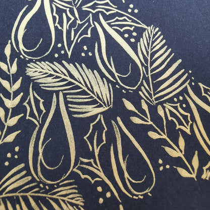 Gold Christmas Tree Card - Hand Drawn Calligraphy Flourishes