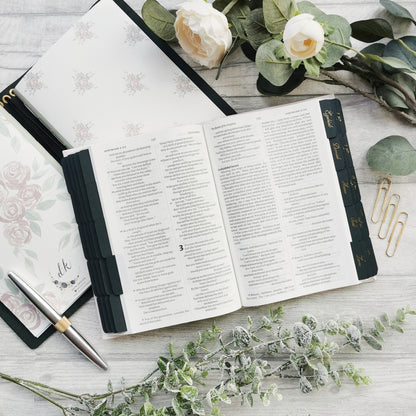 Forest Green Bible Tabs - Elegant Gold Foil Script